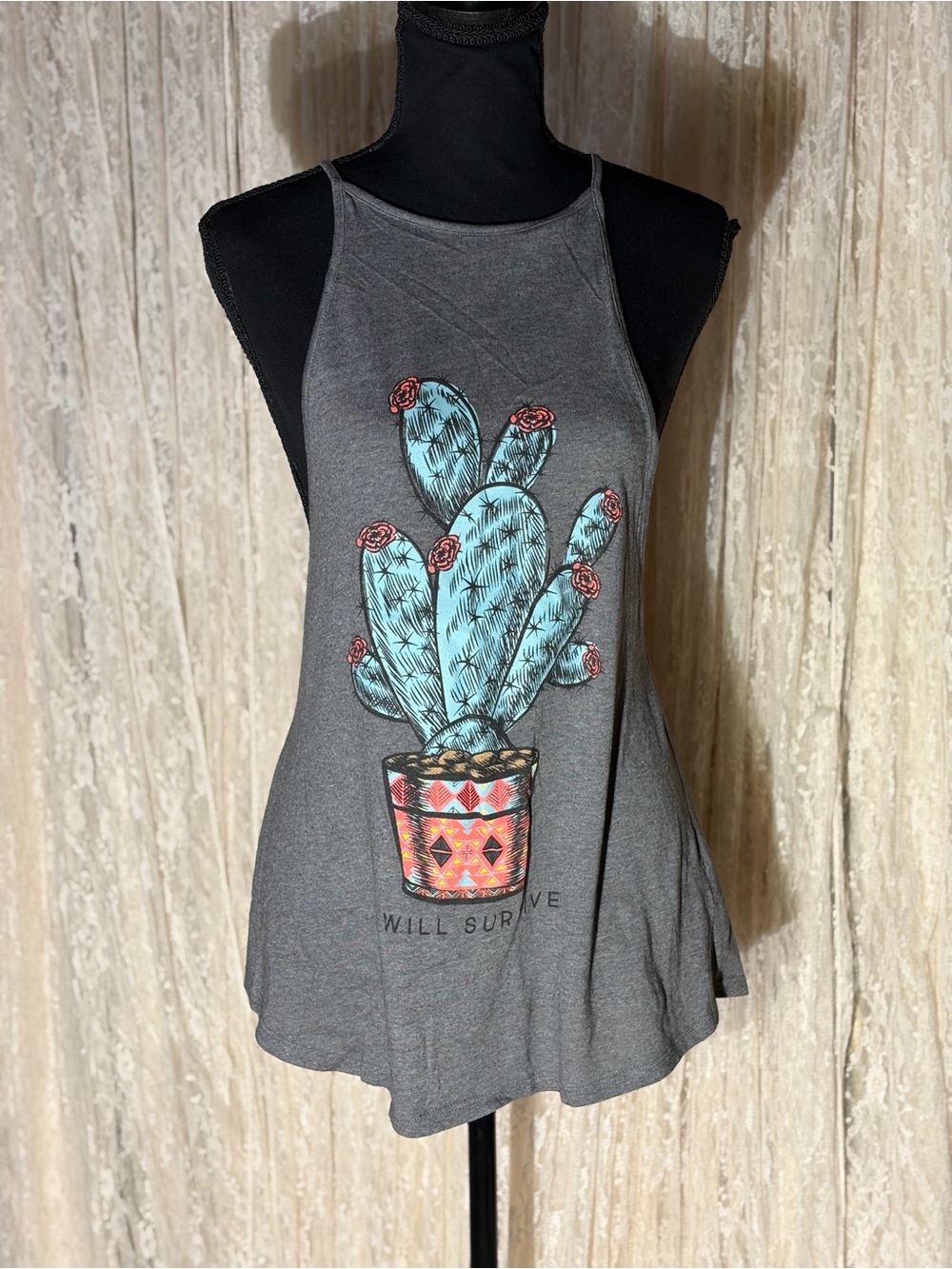 Alternative Gray Tank Top with Turquoise Cactus Graphic